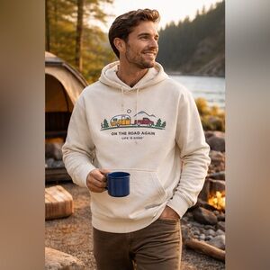 Life is Good Cream Hoodie Medium On The Road Again Camping Graphic Pullover